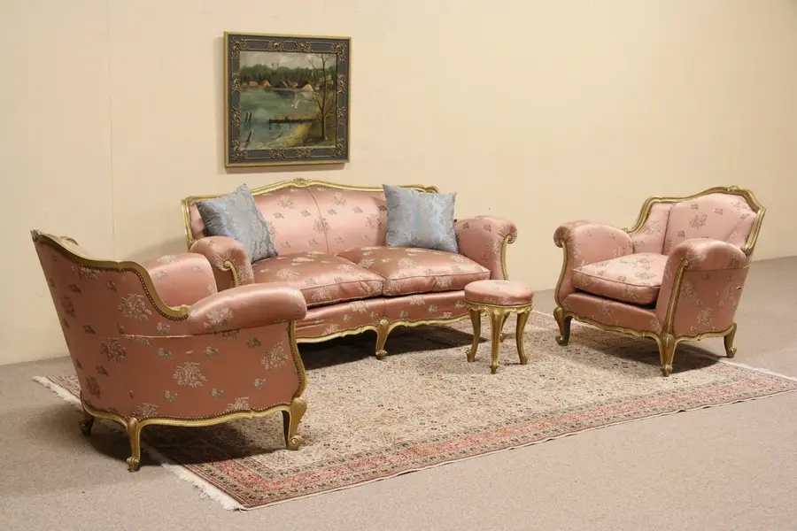 Photo of Gold 1920 Italian Salon Set, 2 Armchairs & Sofa, Original Silk