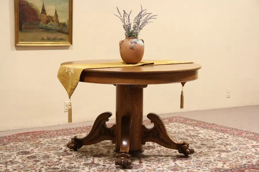 Photo of Clawfoot Round Oak 1900 Antique Dining Table, 2 Leaves