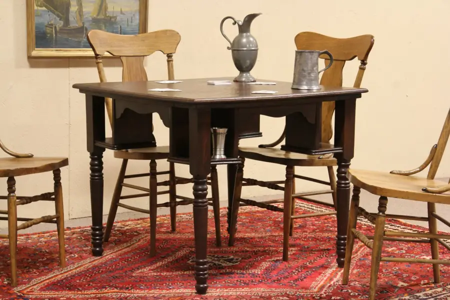 Photo of Oak 1900 Antique Tavern or Pub Game Table, Mug Shelves