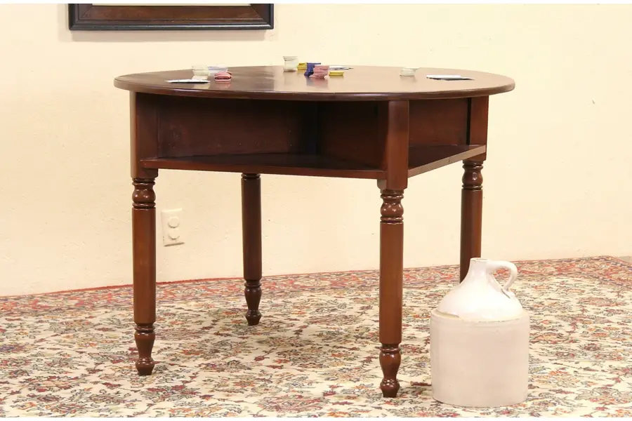 Photo of Round 1890's Antique Tavern or Pub Game or Card Table, Drink Shelves