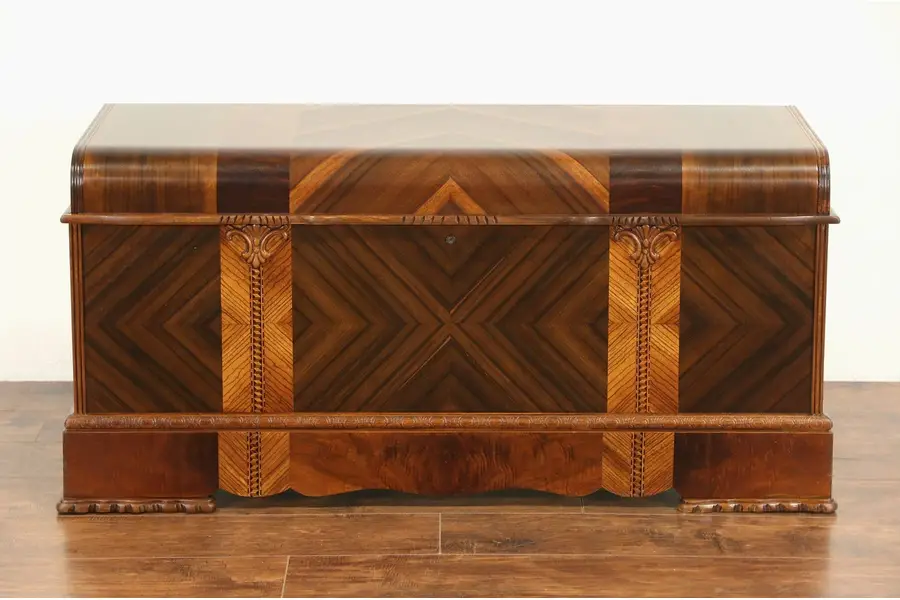 Photo of Art Deco 1930's Vintage Waterfall Cedar Blanket Chest, Signed Roos of Chicago