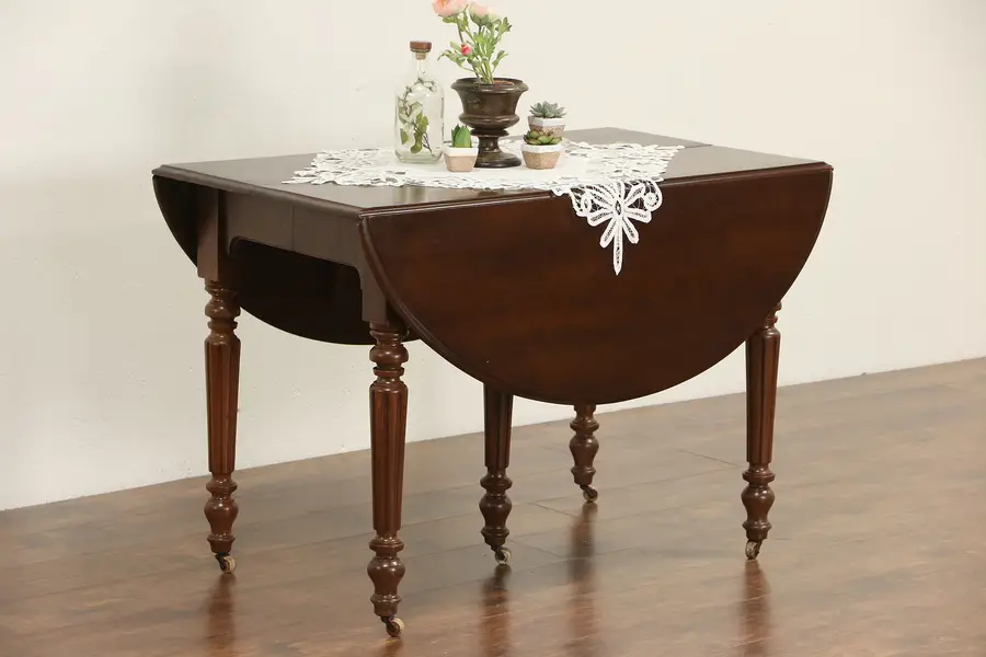 Photo of Victorian 1880's Antique Walnut Drop Leaf Dining Table, 2 Leaves 7' Long