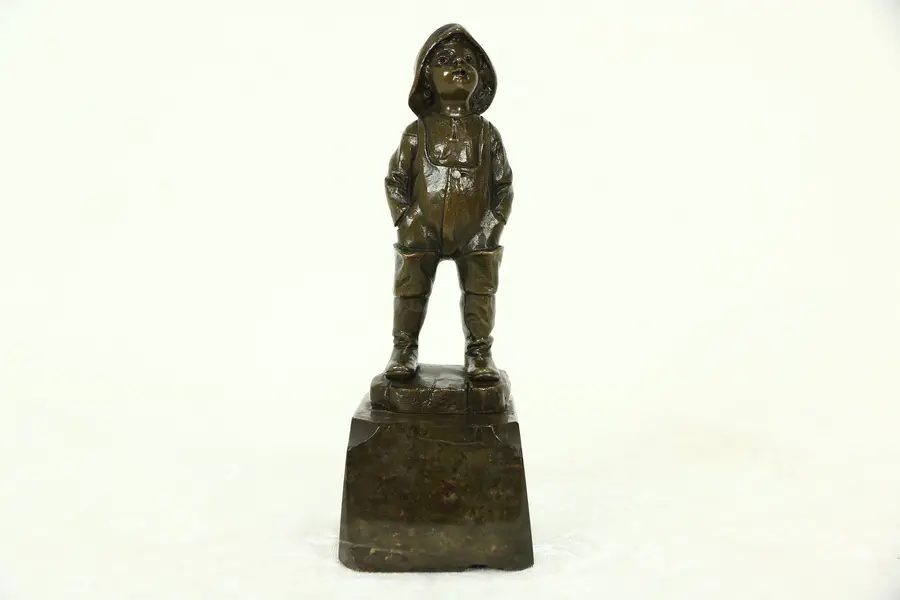 Photo of Bronze Antique Statue of a Boy wearing Hat & Rainboots, Marble Base