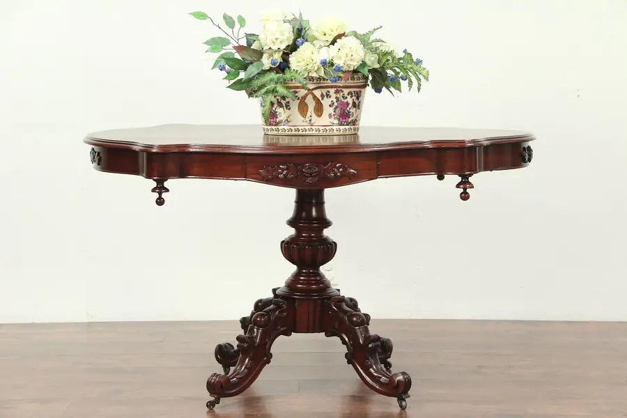 Photo of Victorian Antique Mahogany Turtle Top Hall Center or Lamp Table, France