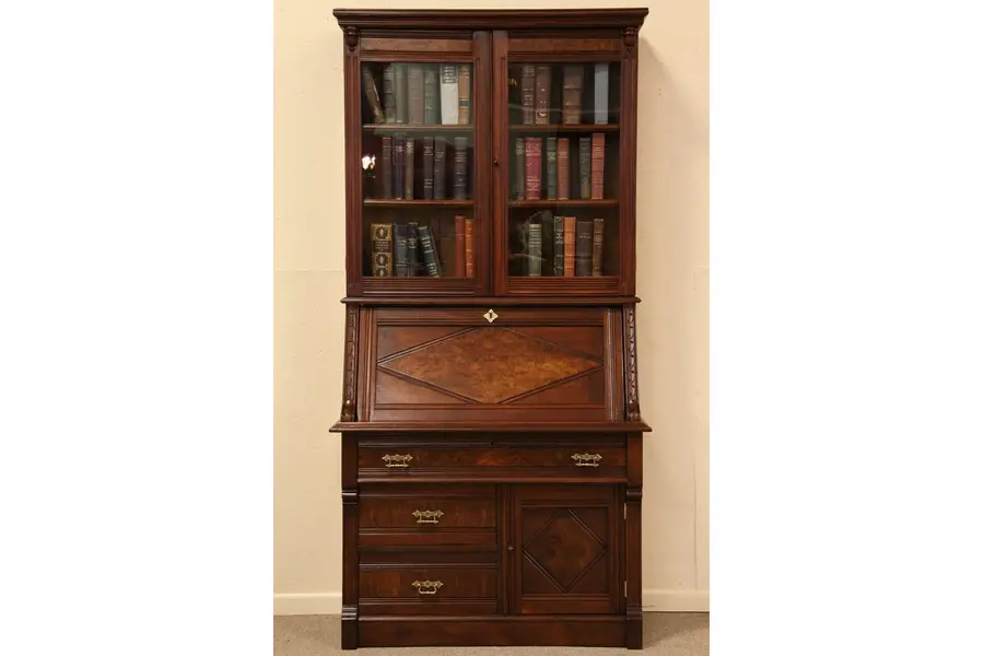 Photo of Victorian Eastlake Secretary Desk, Original Glass