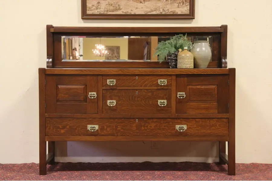 Photo of Arts & Crafts Mission Oak 1905 Antique Sideboard Buffet