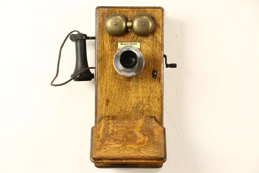 Photo of Oak Western Electric Signed Antique Wall Phone, Crank Generator, Pat. 1913