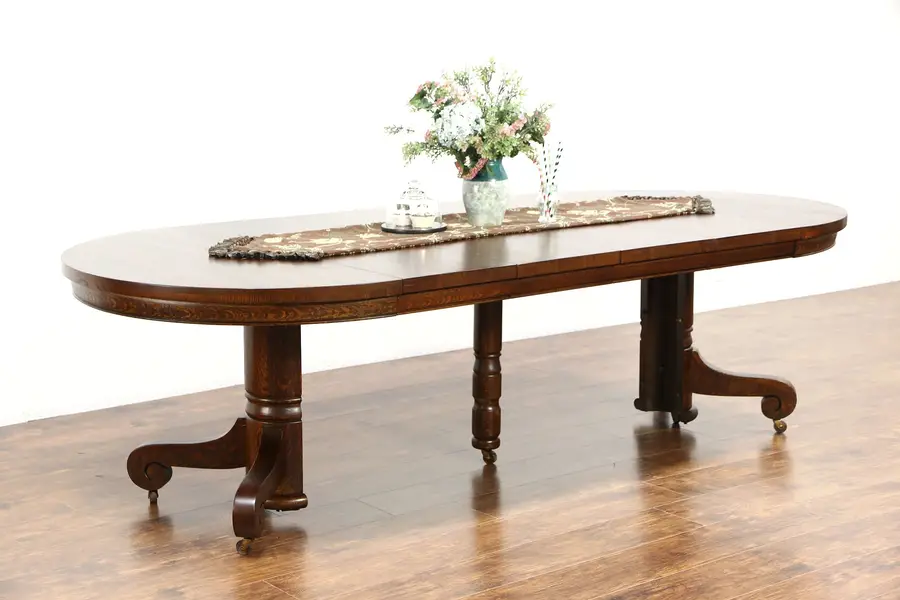 Photo of Round Quarter Sawn Oak 1900 Antique 45" Pedestal Dining Table, 4 Leaves