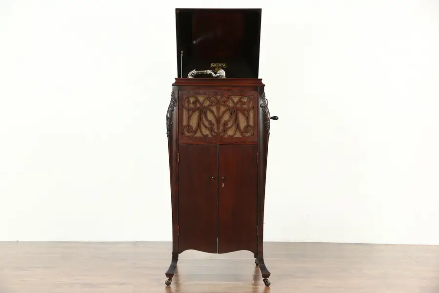 Photo of Phonograph, Mahogany Wind Up Antique 1915 Record Player, Signed Sonora