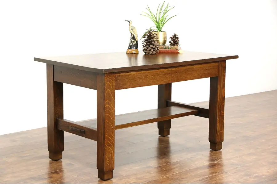 Photo of Arts and Crafts Mission Oak Antique Craftsman Library Table or Writing Desk