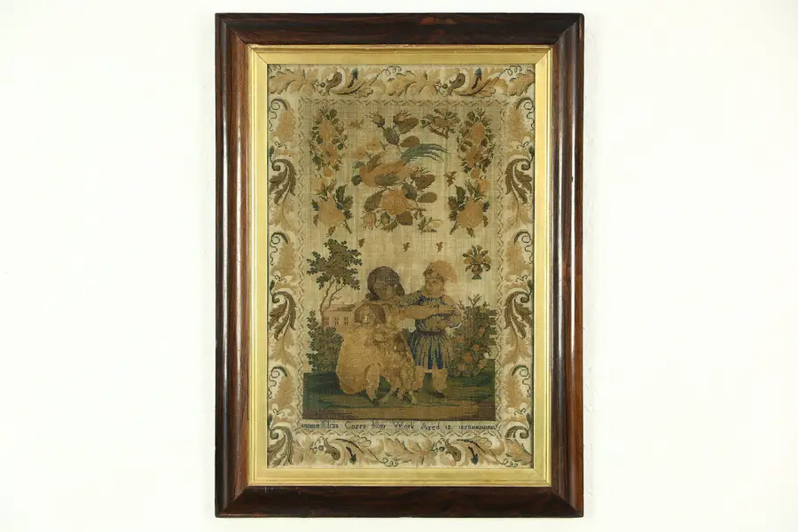 Photo of Cross Stitch Tapestry, Rosewood Frame, Signed Eliza Coggs, 1850 England
