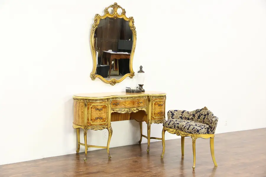 Photo of Satinwood & Hand Painted 1940 Vintage Dressing Table or Vanity, Mirror & Bench