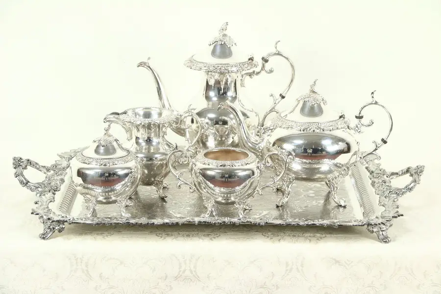 Photo of Silverplate Vintage 6 Pc. Tea & Coffee Set with Engraved Tray, signed GS?
