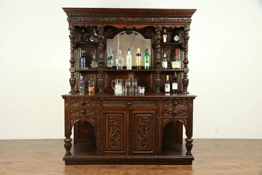 Photo of Oak Renaissance Carved English Back Bar, Sideboard or Server, Mirror
