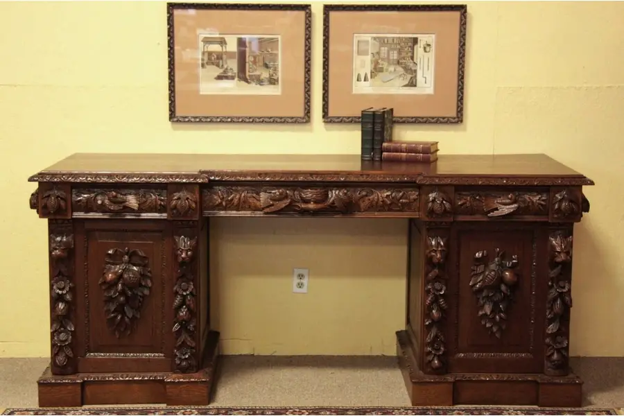 Photo of Carved Oak Sideboard with Birds, Heads & Fruit c1870