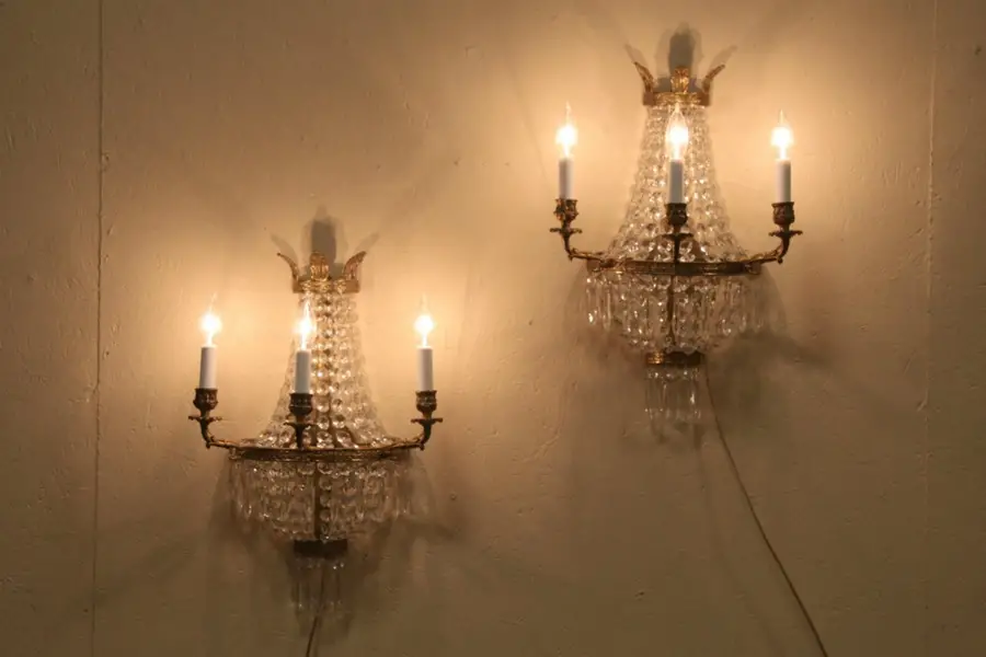 Photo of Pair of Empire Brass & Crystal Lights or Wall Sconces