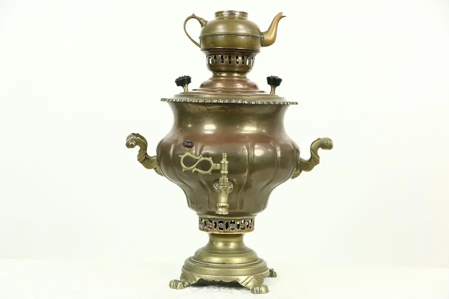 Photo of Russian Antique Copper & Brass Signed Samovar Tea Kettle with Tea Pot