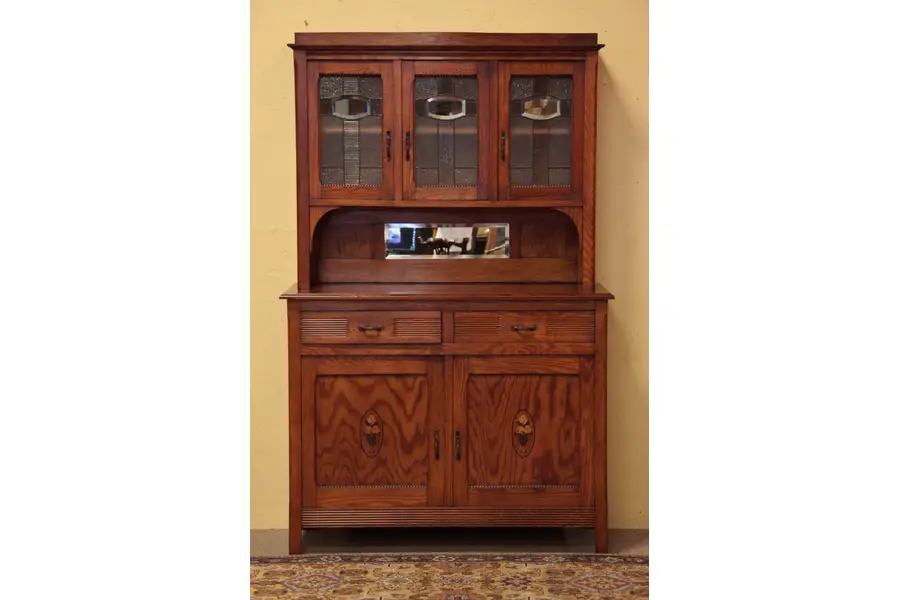 Photo of Art Deco Pine Sideboard with Leaded Glass Doors