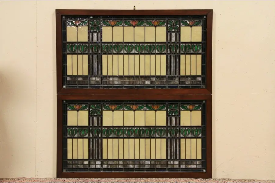 Photo of Pair of Arts & Crafts Antique 1900 Leaded Stained Glass Windows
