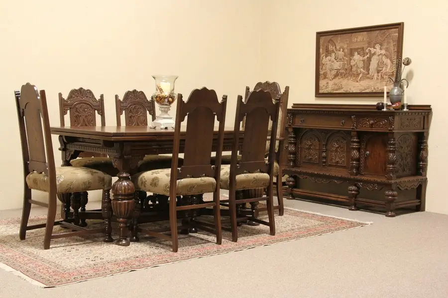Photo of English Tudor Carved Oak Antique Dining Set, Table, 6 Chairs and Sideboard