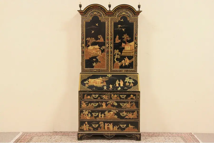 Photo of Asian Hand Painted Lacquer Georgian Chinoiserie Secretary Desk