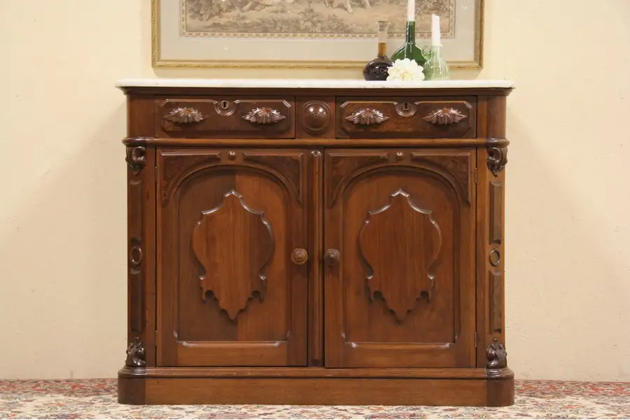 Photo of Victorian 1880 Antique Marble Top Sideboard, Bar or Server