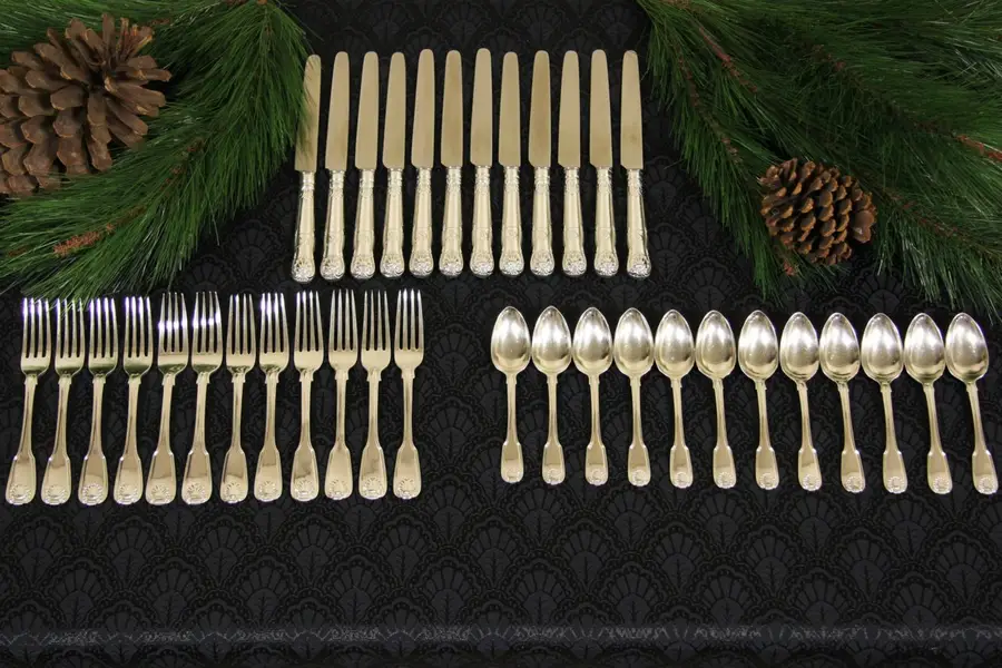 Photo of Set of Dinner Size Fiddle, Thread & Shell Sterling Silver Flatware for 12