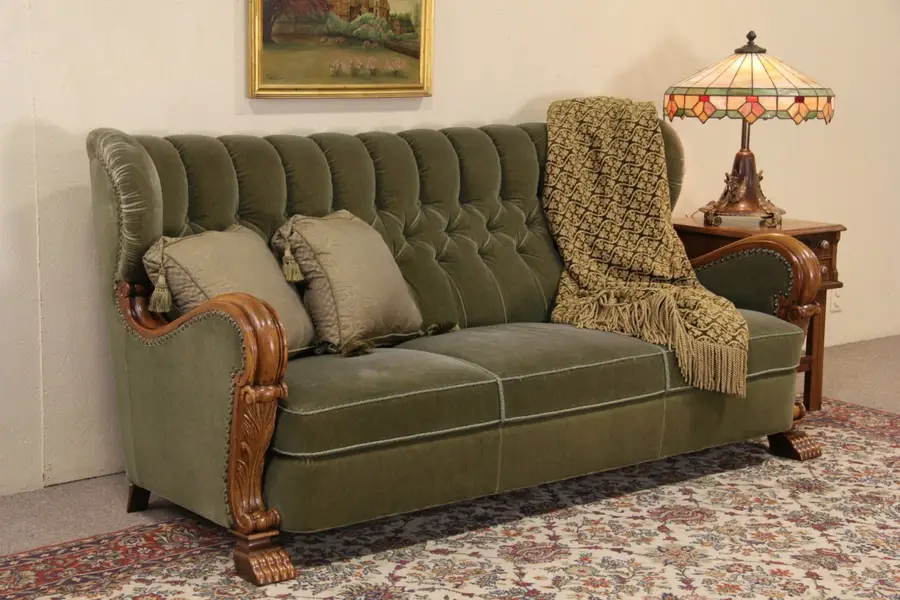 Photo of Scandinavian Carved Oak 1940 Vintage Mohair Tufted Sofa