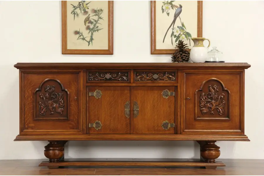 Photo of Carved Oak 1920's Antique Scandinavian Server, Sideboard TV Console