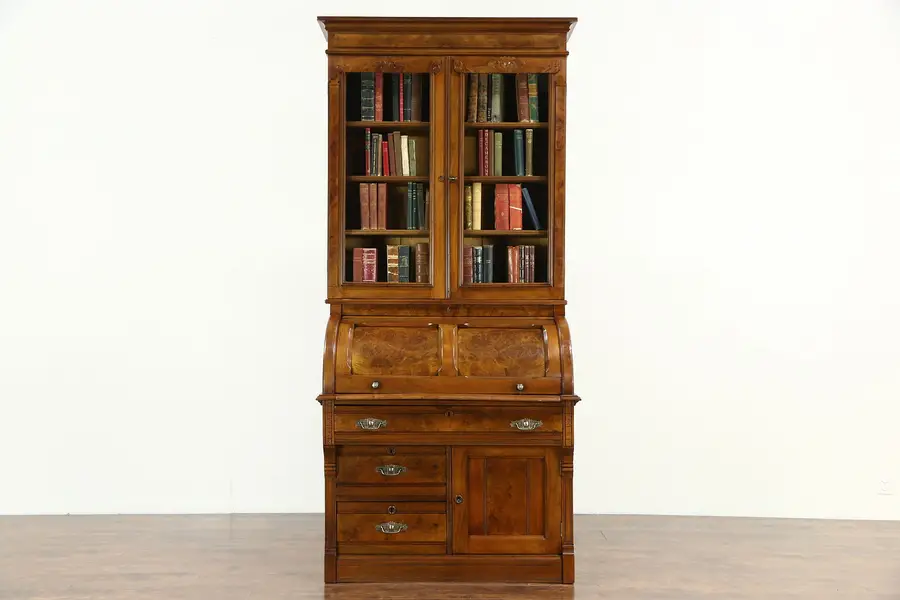 Photo of Victorian Eastlake 1885 Antique Walnut Roll Top Secretary Desk & Bookcase