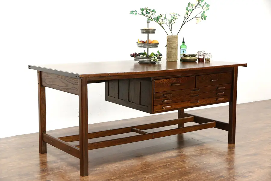 Photo of Architect Vintage 7' Drafting Desk, Wine Table, Kitchen Island Signed Hamilton