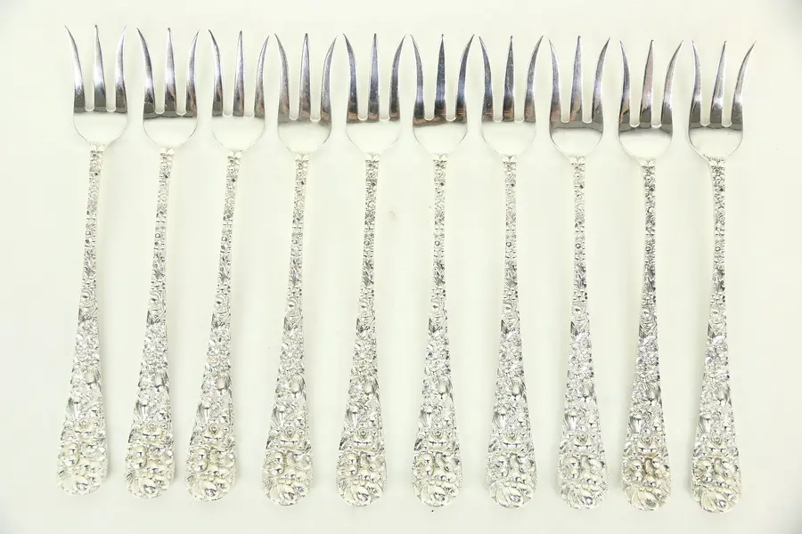 Photo of Set of 10 Seafood Cocktail Lemon Forks, Repousse Sterling Silver by Kirk Stieff