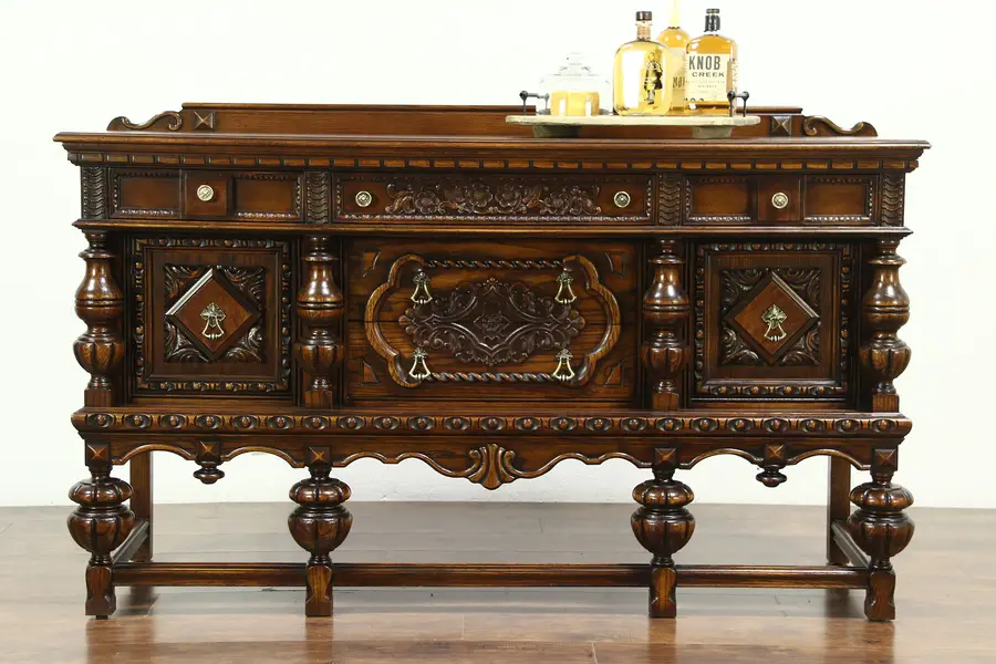 Photo of English Tudor Antique 1920's Carved Oak Sideboard, Server or Buffet