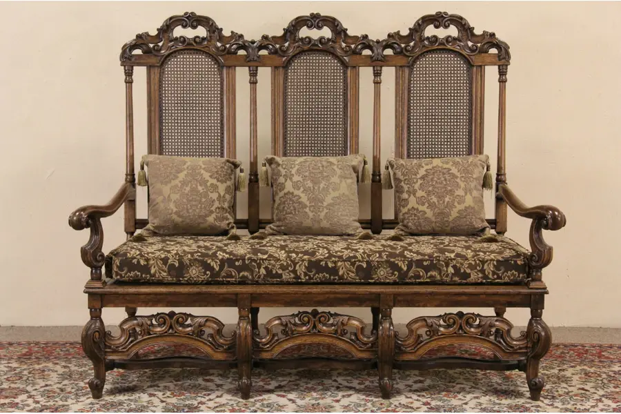 Photo of Karpen Chicago Antique 1890 Carved Oak Hall Bench or Settee, Upholstered Cushion