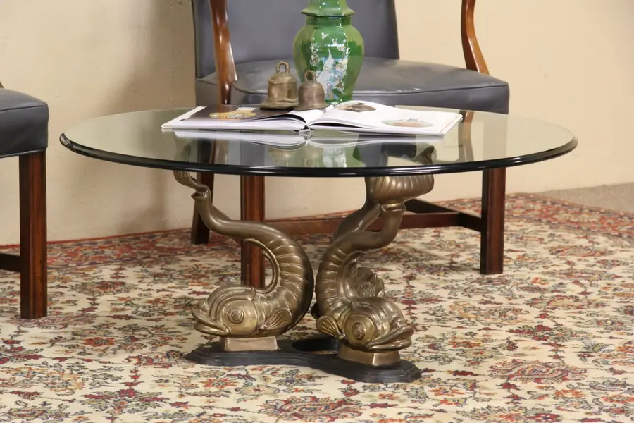 Photo of Maitland Smith unsigned Bronze Koi Fish & Glass Coffee or Cocktail Table