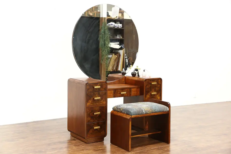 Photo of Art Deco 1940 Vintage Dressing Table or Vanity, Mirror & Bench