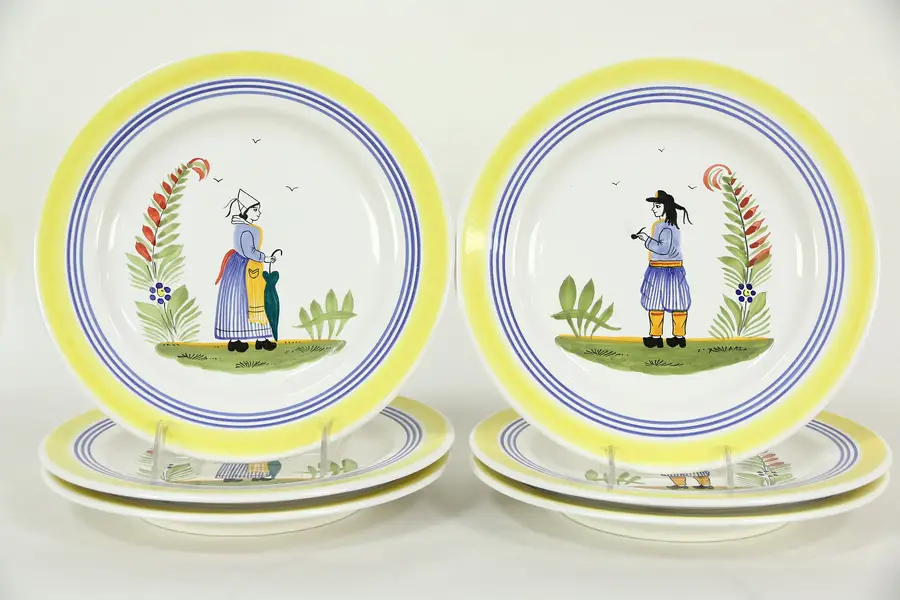 Photo of Set of 6 Quimper Signed Hand Painted Vintage Dinner Plates, Brittany France