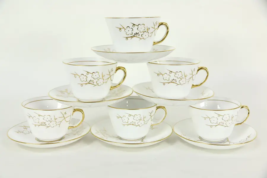 Photo of Set of Six Cups and Saucers, Spode Blanche de Chine Pattern, Gold and White
