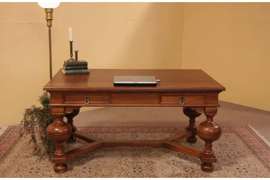 Photo of Carved Oak Antique Writing Desk or Library Table