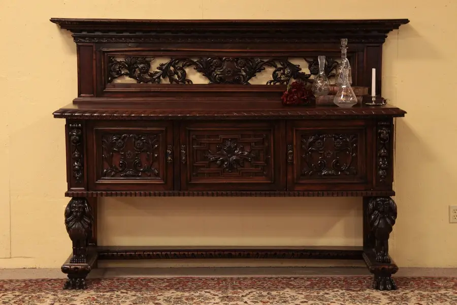 Photo of Sideboard or Backbar, Carved Gallery & Lions