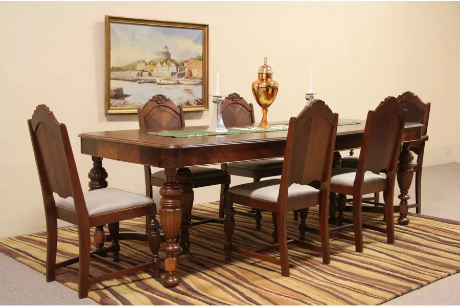Photo of Art Deco Antique 1935 Dining Set, 6 Chairs, Table with 3 Leaves