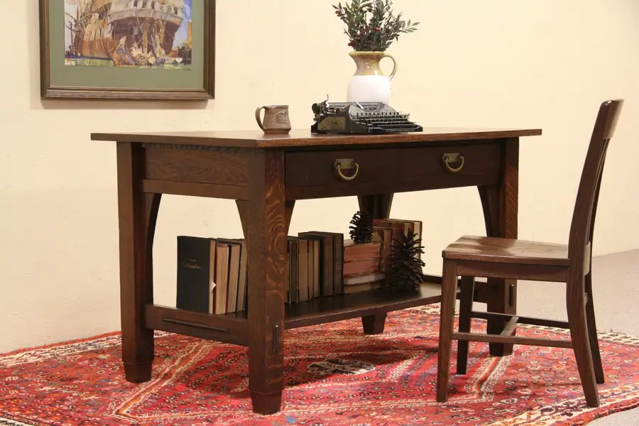 Photo of Arts & Crafts 1900 Antique Writing Desk Library Table, 2 Drawers