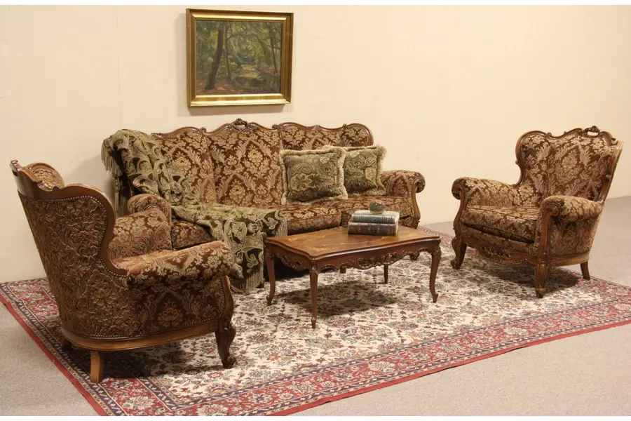 Photo of Italian Vintage Sofa Set, Carved Sofa & Pair of Armchairs