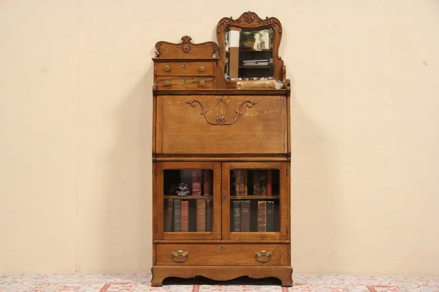 Photo of Oak Antique Victorian 1900 Secretary Desk, Bookcase & Mirror