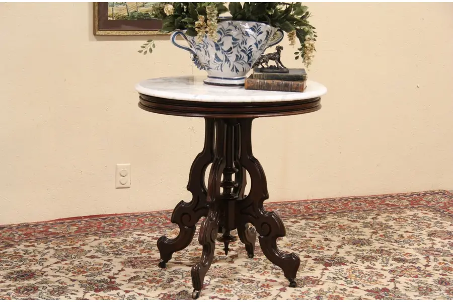 Photo of Victorian 1870 Antique Oval Marble Top Parlor Table