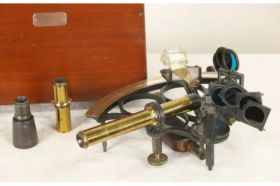 Photo of Hezzanith London Signed 1900's Antique Naval Ship Sextant, Mahogany Case