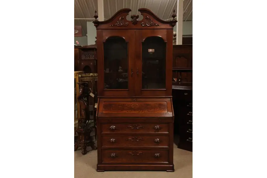 Photo of Victorian Walnut Secretary Desk with Bookcase Top