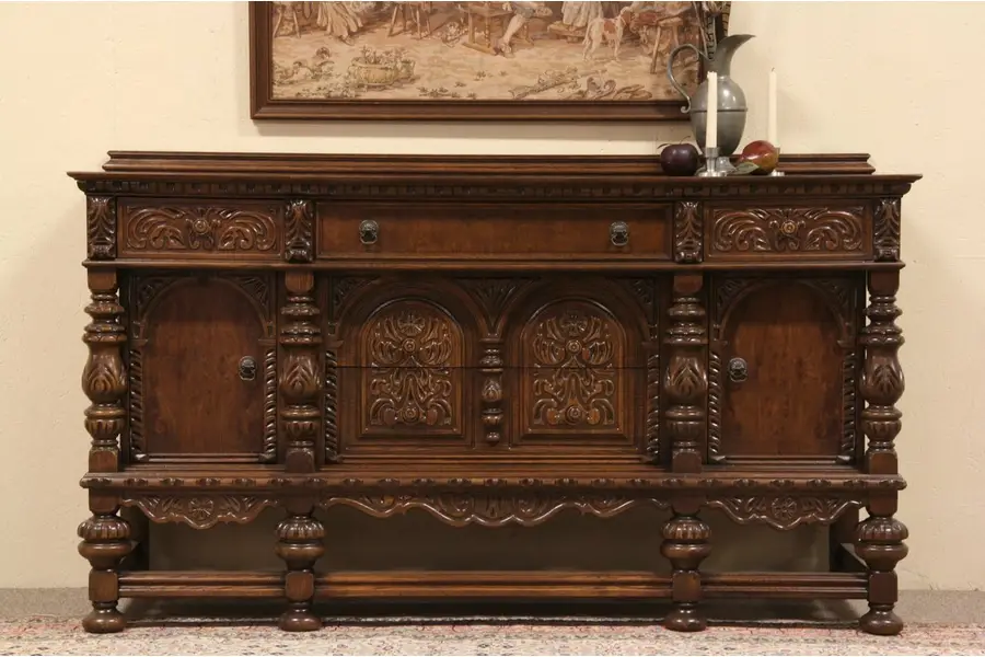 Photo of English Tudor Carved Oak Antique Sideboard Buffet