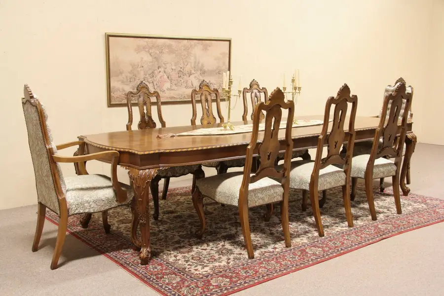 Photo of Romweber Carved Vintage Dining Set, Table, 8 Chairs
