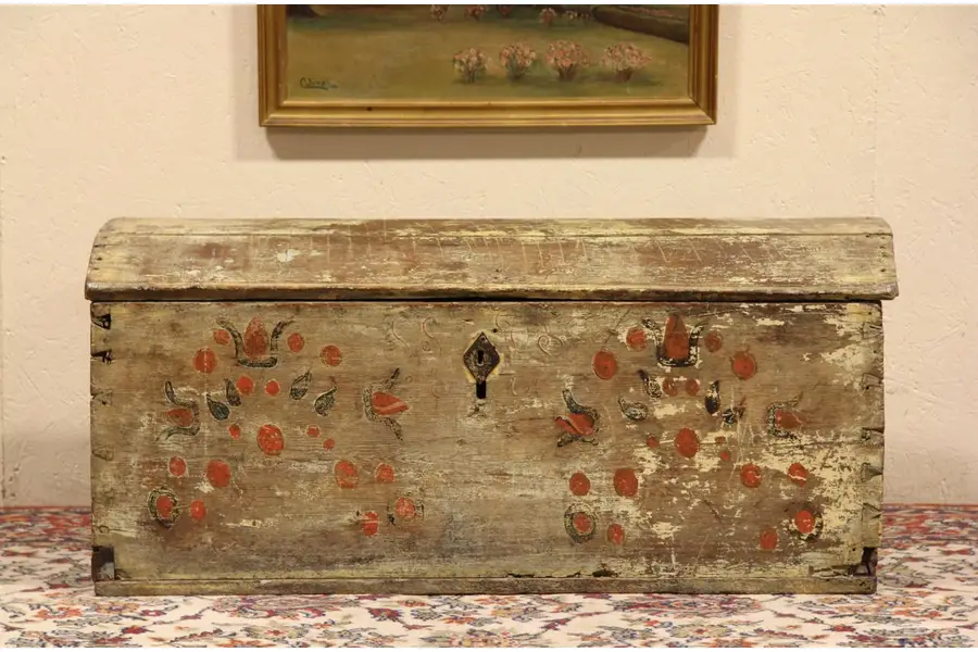 Photo of Norwegian Rosemaling or Swedish Painted 1800's Antique Pine Bride's Trunk